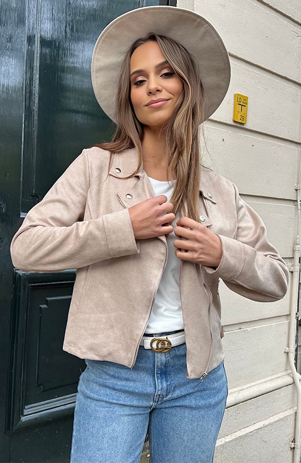 Suede Biker Jacket Beige – shoparchief, foto 6