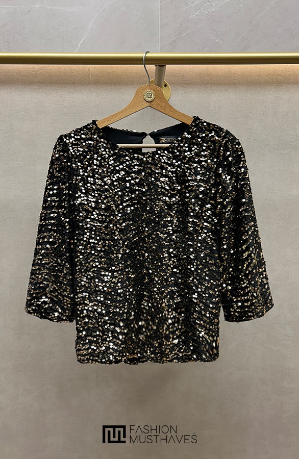 Pailletten Top Driekwart Mouw Zwart Goud – shoparchief