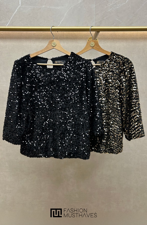 Pailletten Top Driekwart Mouw Zwart – shoparchief, foto 5