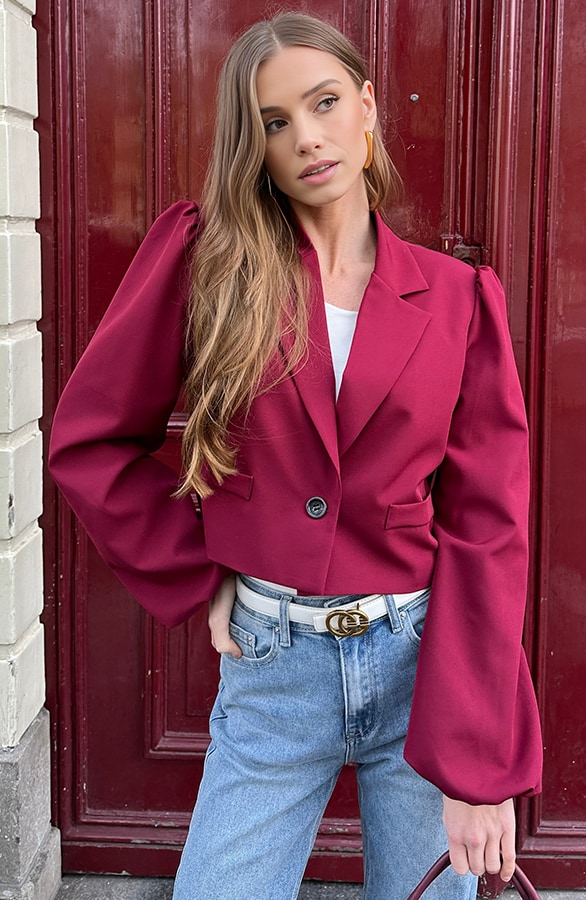 Flared Blazer Met Pofmouwen Bordeaux – shoparchief
