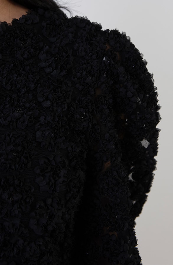Flower Pailletten Puff Sleeve Blouse Zwart – shoparchief, foto 8