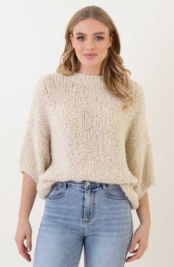 Oversized Boucle Trui Korte Mouw Light Beige – truien, foto 4