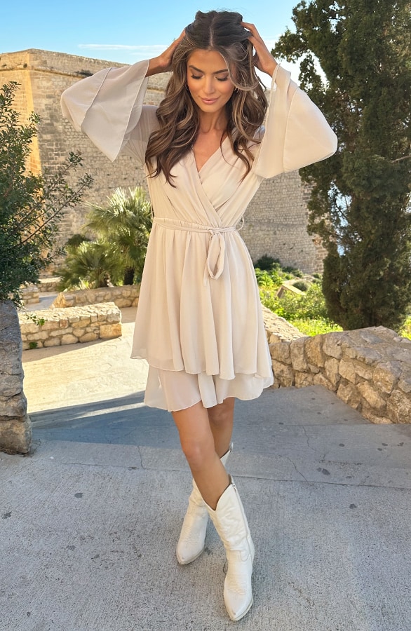 Chiffon Ruffle V-hals Jurk Beige – shoparchief, foto 7