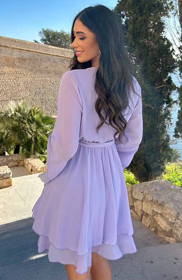 Chiffon Ruffle V-hals Jurk Lila – shoparchief, foto 4