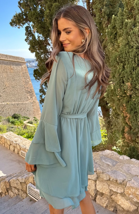 Chiffon Ruffle V-hals Jurk Mint – shoparchief, foto 3