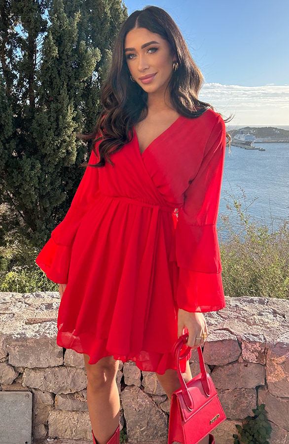Chiffon Ruffle V-hals Jurk Rood – jurken, foto 3