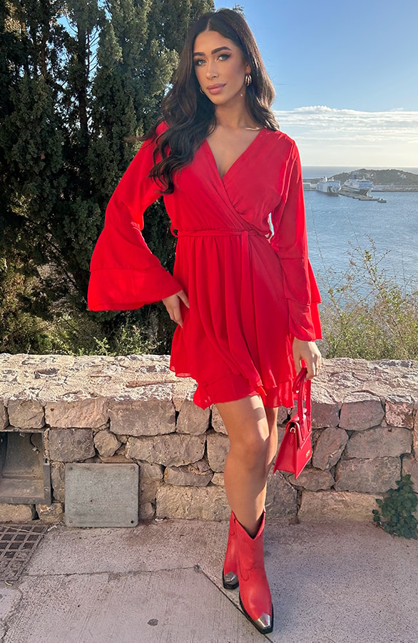 Chiffon Ruffle V-hals Jurk Rood – jurken, foto 6