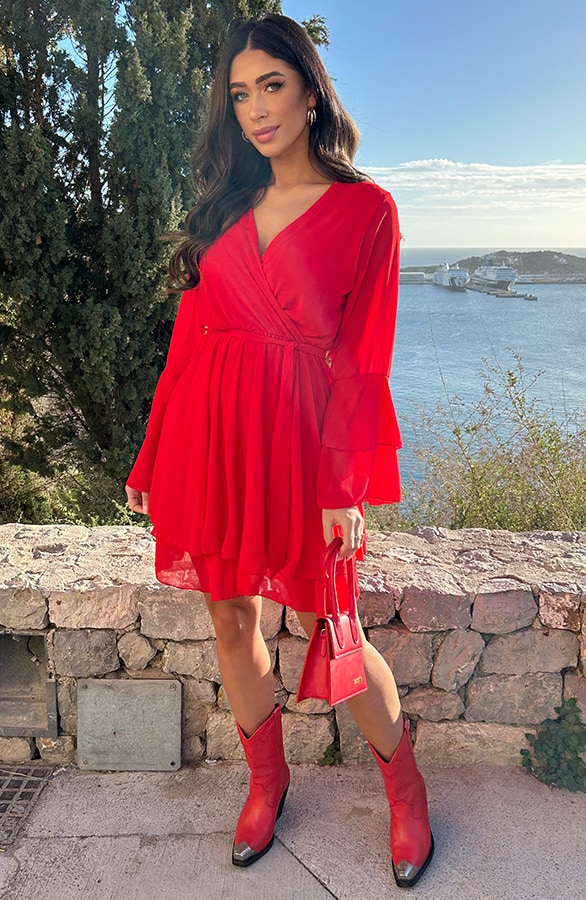 Chiffon Ruffle V-hals Jurk Rood – jurken, foto 7