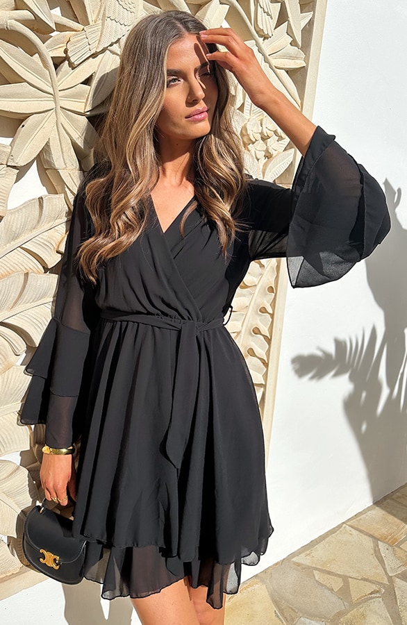 Chiffon Ruffle V-hals Jurk Zwart – jurken, foto 9