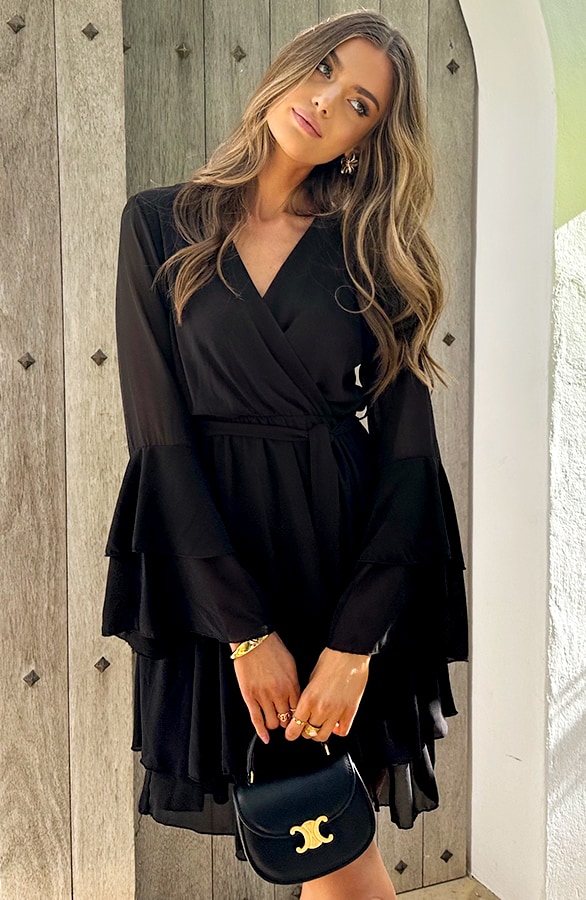 Chiffon Ruffle V-hals Jurk Zwart – jurken, foto 3