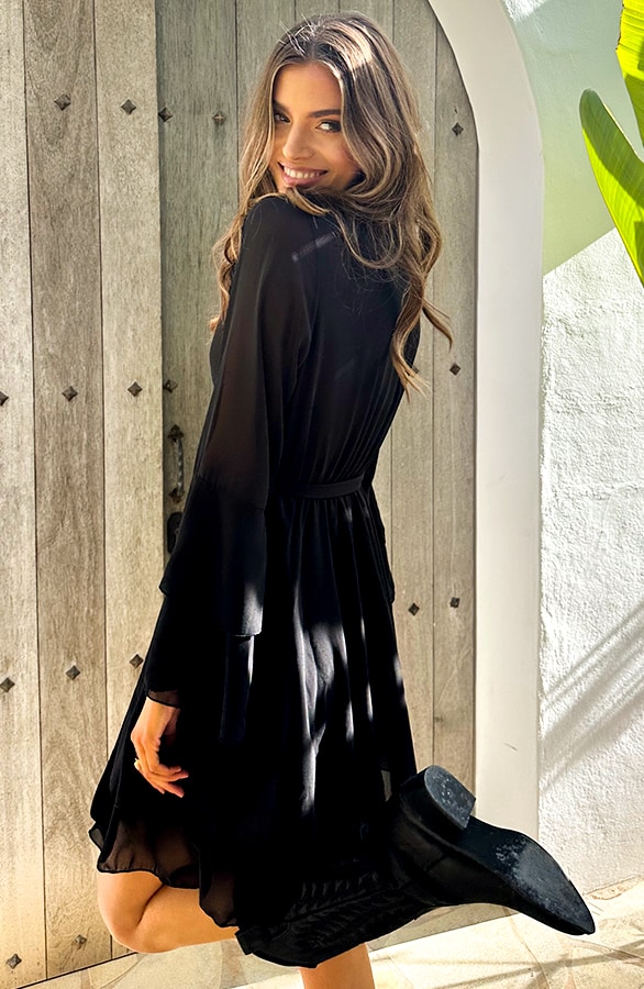 Chiffon Ruffle V-hals Jurk Zwart – jurken, foto 4