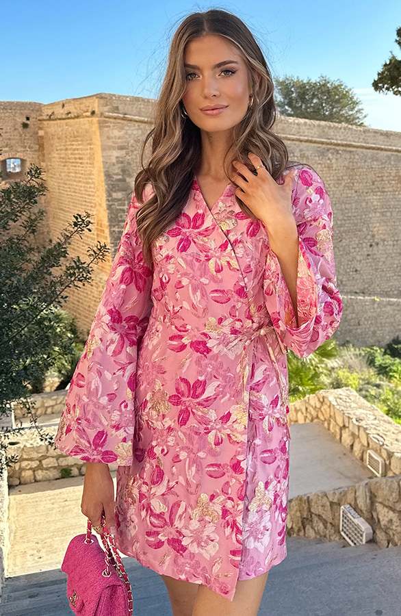 Jacquard Jurk Wijde Mouw Fuchsia – jurken