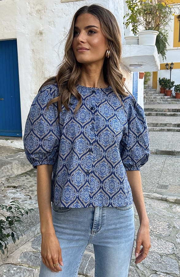 Katoenen Paisley Pofmouwen Blouse Navy – tops, foto 2