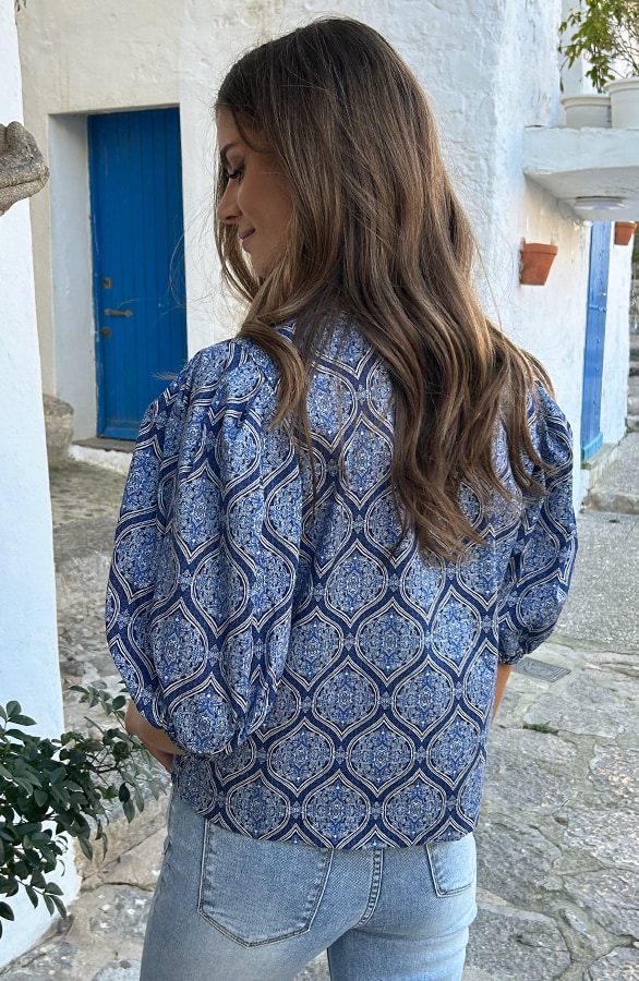 Katoenen Paisley Pofmouwen Blouse Navy – tops, foto 3