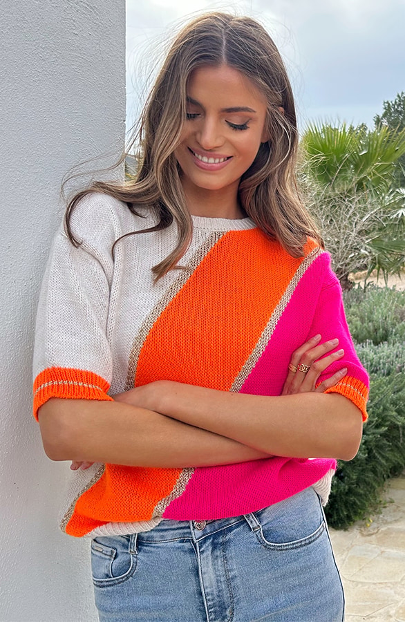 Knitted Short Sleeve Pullover Fuchsia Beige, Tops, Foto 5