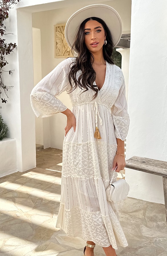 Luxury Maxi Dress Long Sleeve Ecru – shoparchief, foto 4