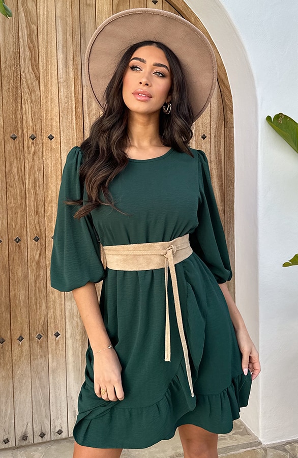 Pofmouwen Ruffle Jurk Smaragd – shoparchief