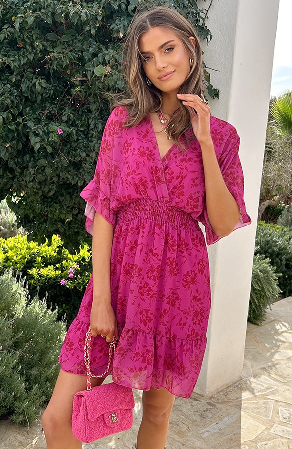 Ruffle Laagjes Jurk Floral Fuchsia – jurken