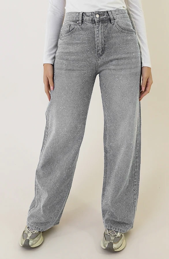 Strass Denim Jeans Wide Leg Grey – shoparchief