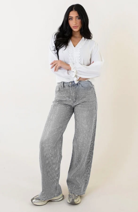 Strass Denim Jeans Wide Leg Grey – shoparchief, foto 6
