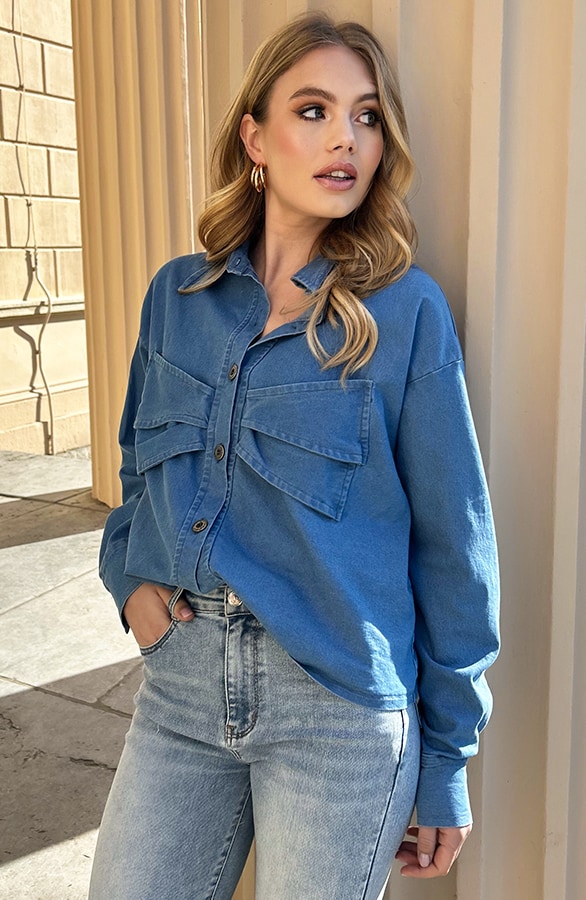 Denim Bow Blouse Blauw – blouses, foto 10