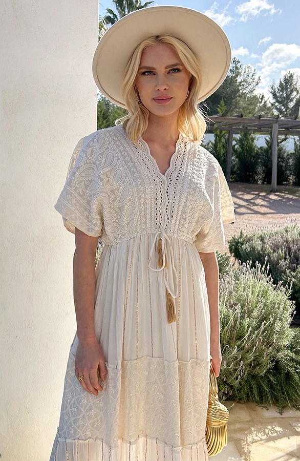 Luxury Maxi Dress Short Sleeve Ecru – shoparchief, foto 5