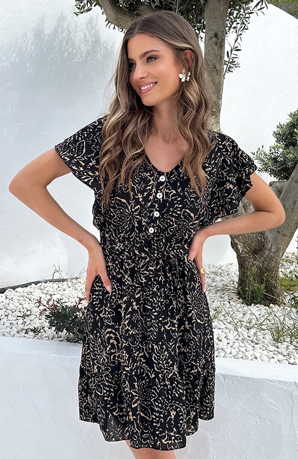 Portofino Kleid V-Ausschnitt Print Schwarz, Shoparchiv