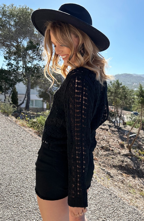Crochet Top Lange Mouw Katoen Zwart – shoparchief, foto 3