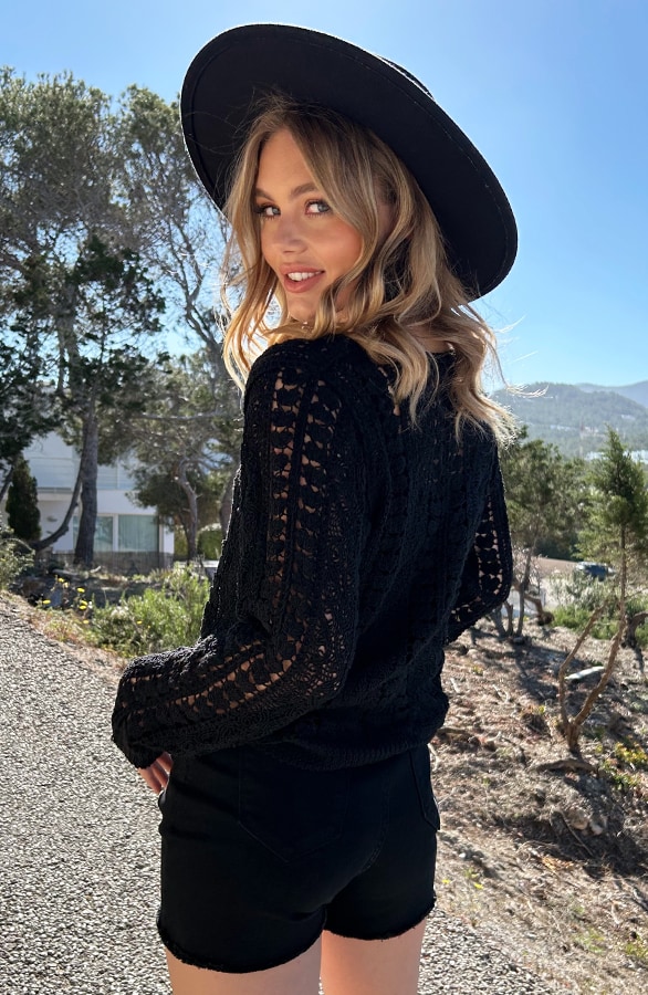 Crochet Top Lange Mouw Katoen Zwart – shoparchief, foto 2