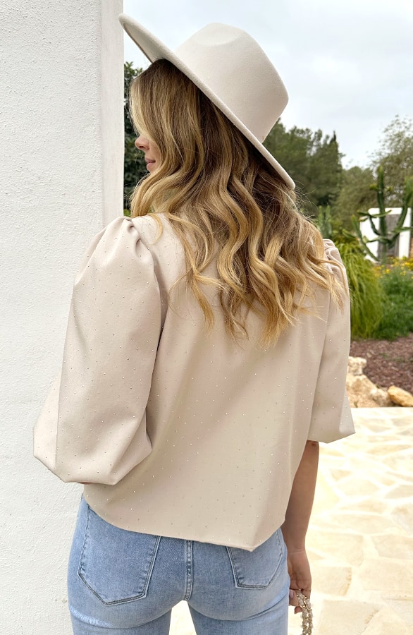 Cropped Pofmouwen Strass Blazer Beige – blazers, foto 3