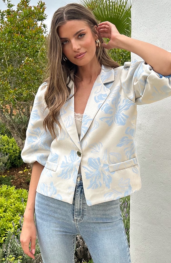 Jacquard Pofmouwen Blazer Baby Blauw – blazers, foto 6