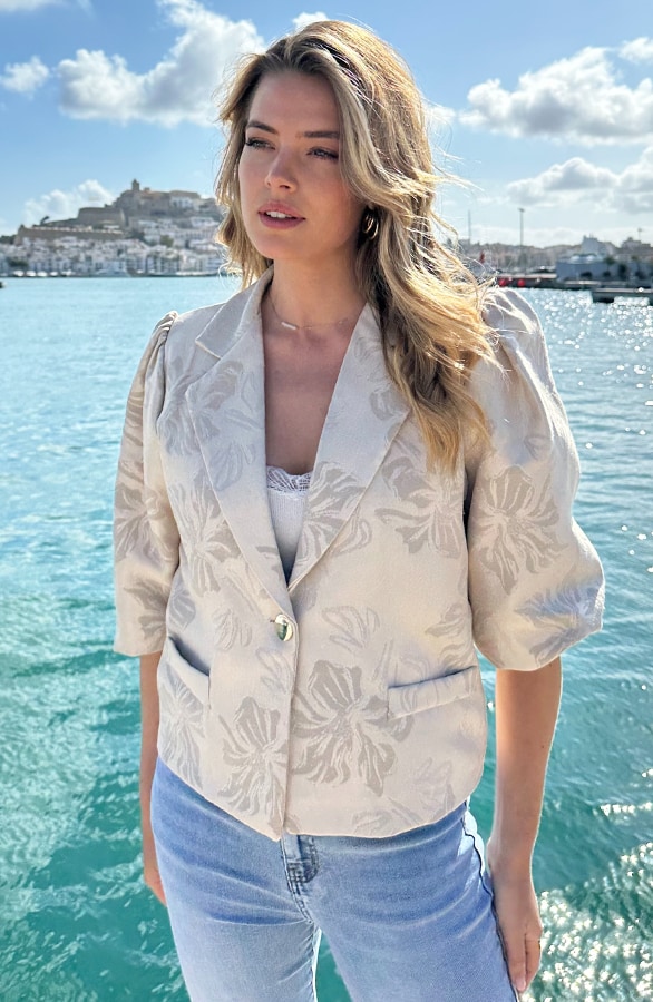 Jacquard Pofmouwen Blazer Beige – shoparchief, foto 4
