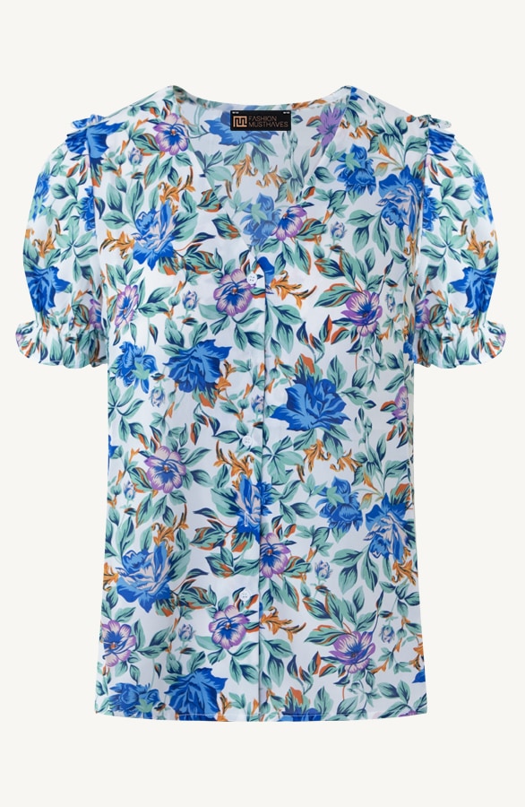Korte Mouwen Bloemen Blouse Kobalt – shoparchief