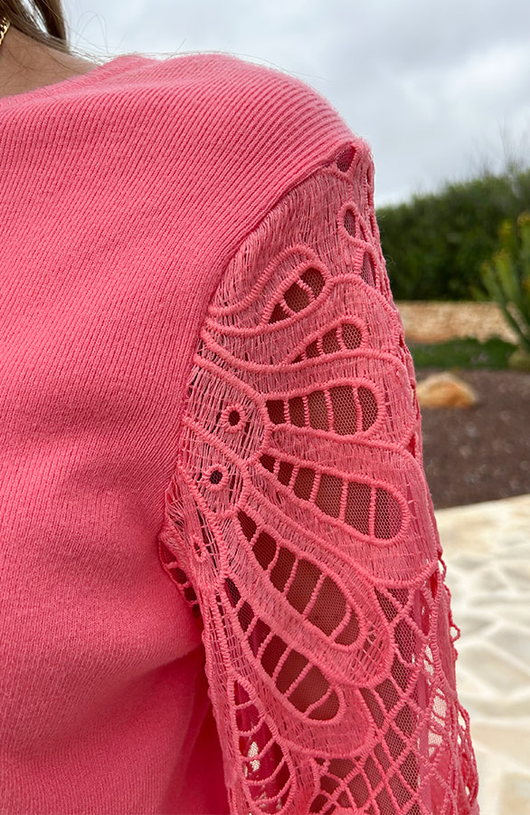 Lace Sleeve Soft Top Koraal – tops, foto 8