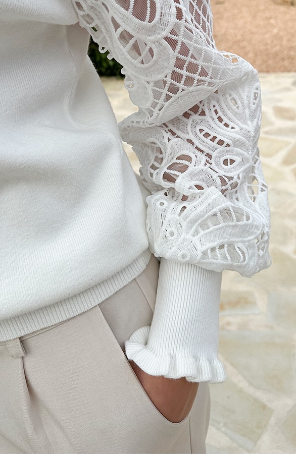 Lace Sleeve Soft Trui Off White – truien, foto 9