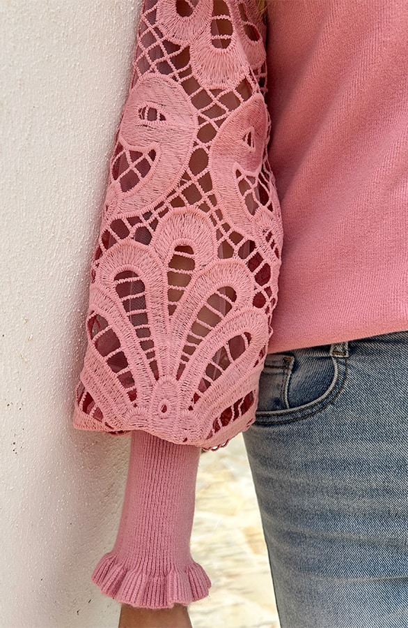 Lace Sleeve Soft Trui Pink – shoparchief, foto 5