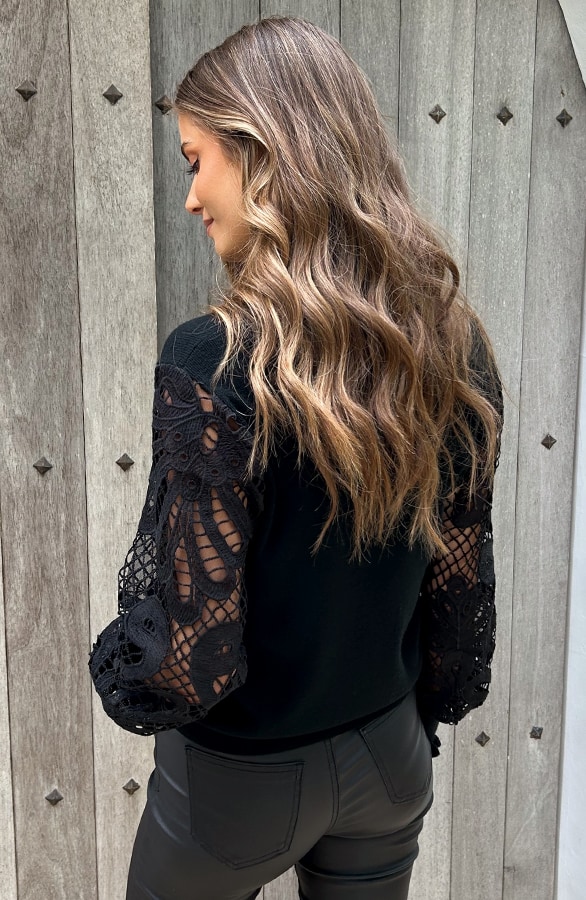Lace Sleeve Soft Trui Zwart – truien, foto 13