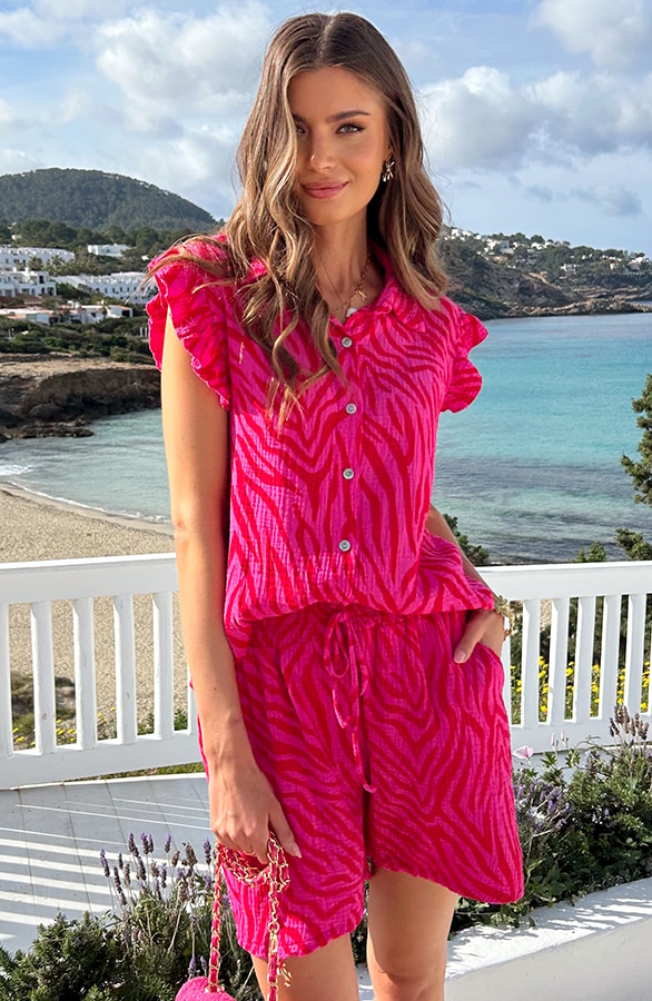 Mousseline Zebra Print Ruffle Top Rosa, Tops, Foto 6