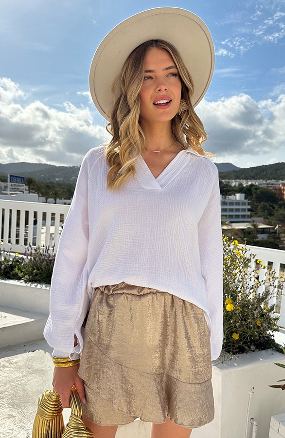Oversized V-hals Blouse Mousseline Offwhite – shoparchief, foto 4