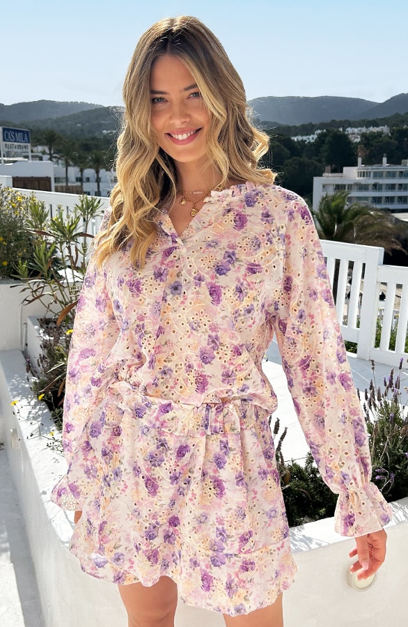Romantic Embroidery Flower Print Skort Lila – skorts, foto 8