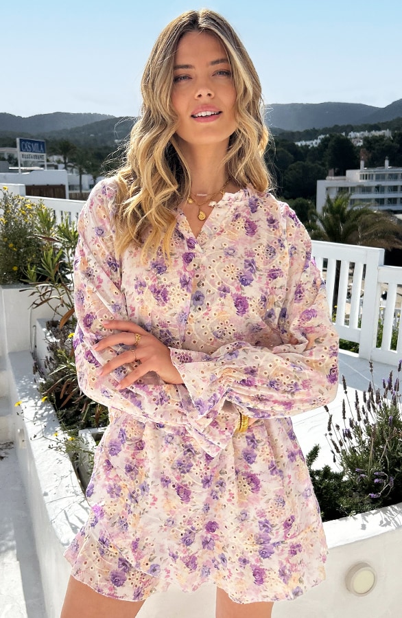 Romantic Embroidery Flower Print Skort Lila – skorts, foto 3