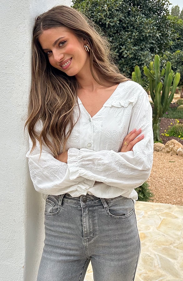 Ruffle Blouse Met Pofmouwen Flower Ecru – shoparchief, foto 7