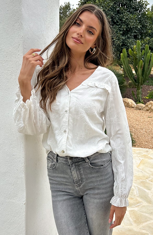 Ruffle Blouse Met Pofmouwen Flower Ecru – shoparchief, foto 4