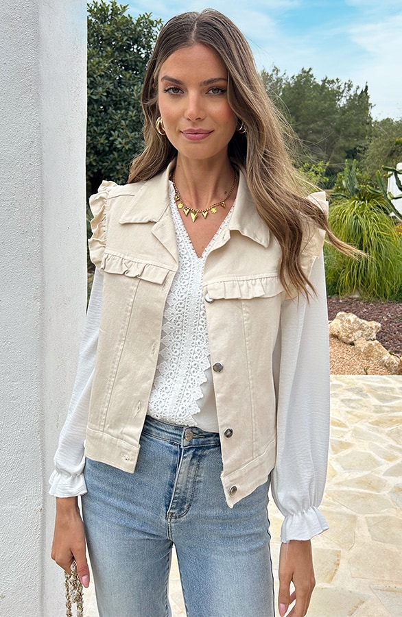 Ruffle Denim Gilet Beige – vesten, foto 7