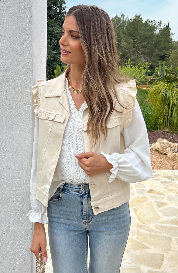 Ruffle Denim Gilet Beige – vesten, foto 5