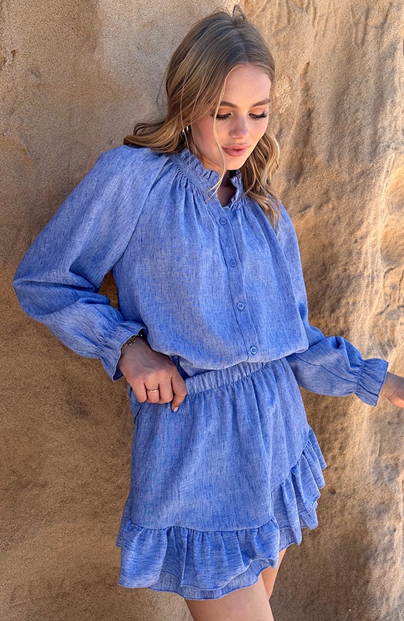 Ruffle Pofmouw Blouse Blauw – shoparchief, foto 2