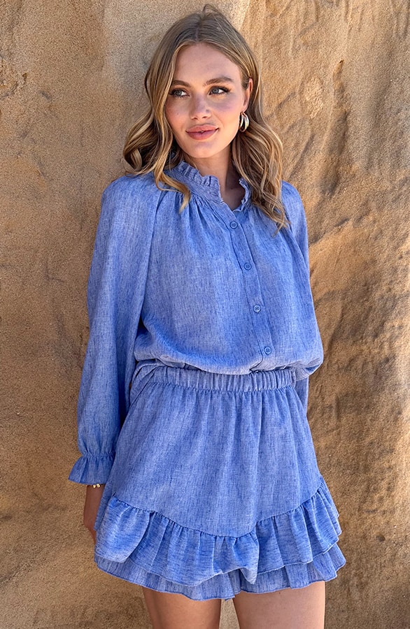 Ruffle Pofmouw Blouse Blauw – shoparchief, foto 3