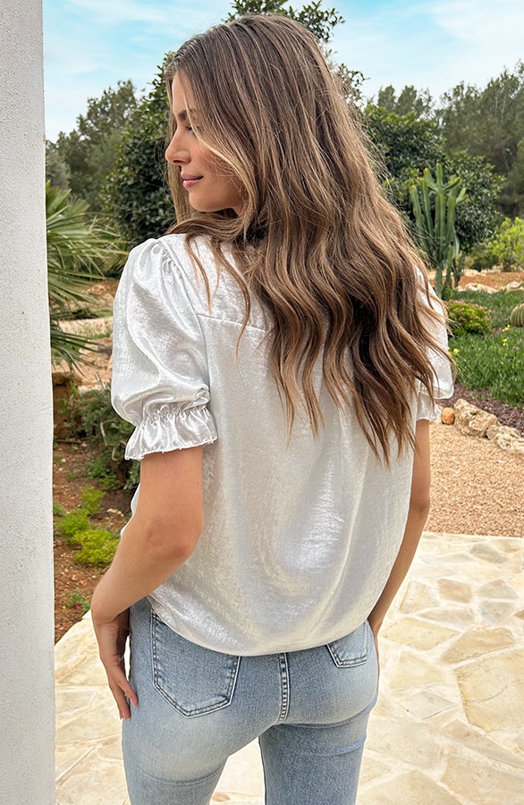Ruffle Top Met Pofmouwen Metallic Ecru – shoparchief, foto 11
