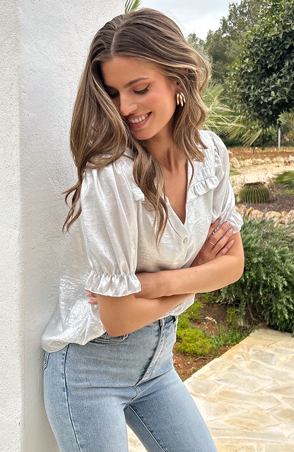 Ruffle Top Met Pofmouwen Metallic Ecru – shoparchief, foto 9