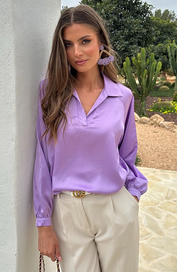 Silk V-hals Blouse Rome Lila – blouses, foto 2